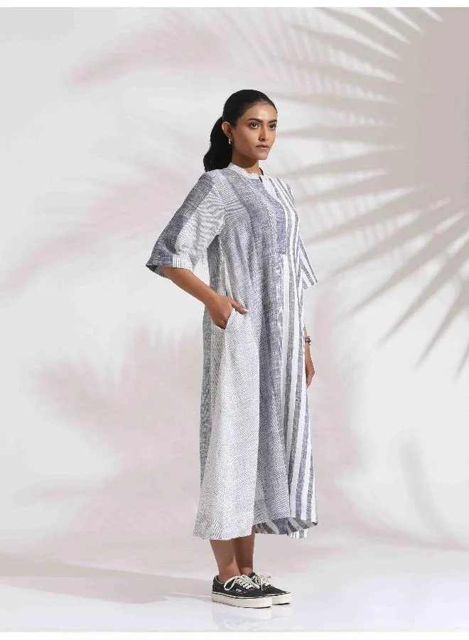 ترو برونز trueBrowns Off-White Cotton Multi Stripe Flared Dress