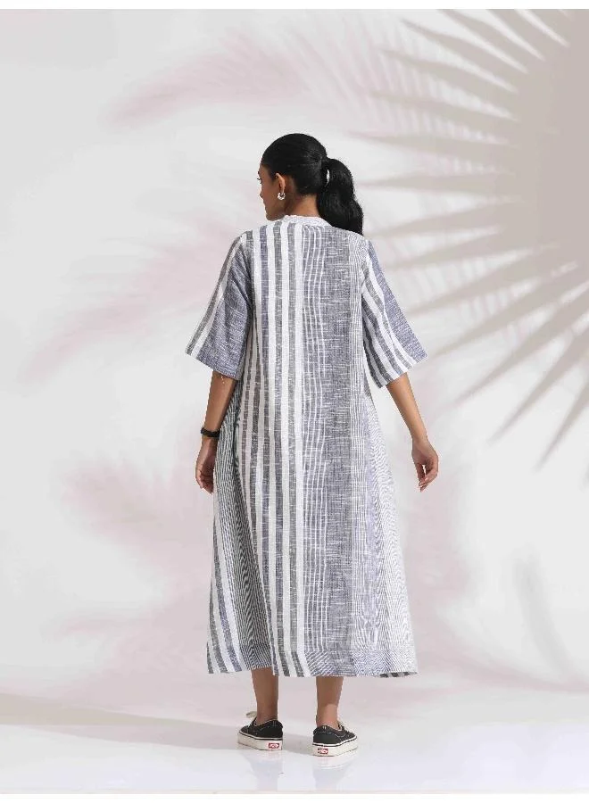 ترو برونز trueBrowns Off-White Cotton Multi Stripe Flared Dress