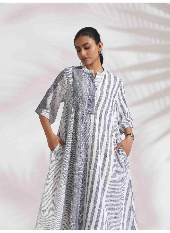 ترو برونز trueBrowns Off-White Cotton Multi Stripe Flared Dress