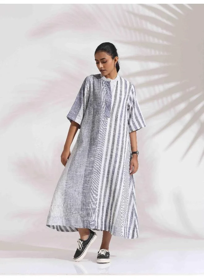 ترو برونز trueBrowns Off-White Cotton Multi Stripe Flared Dress