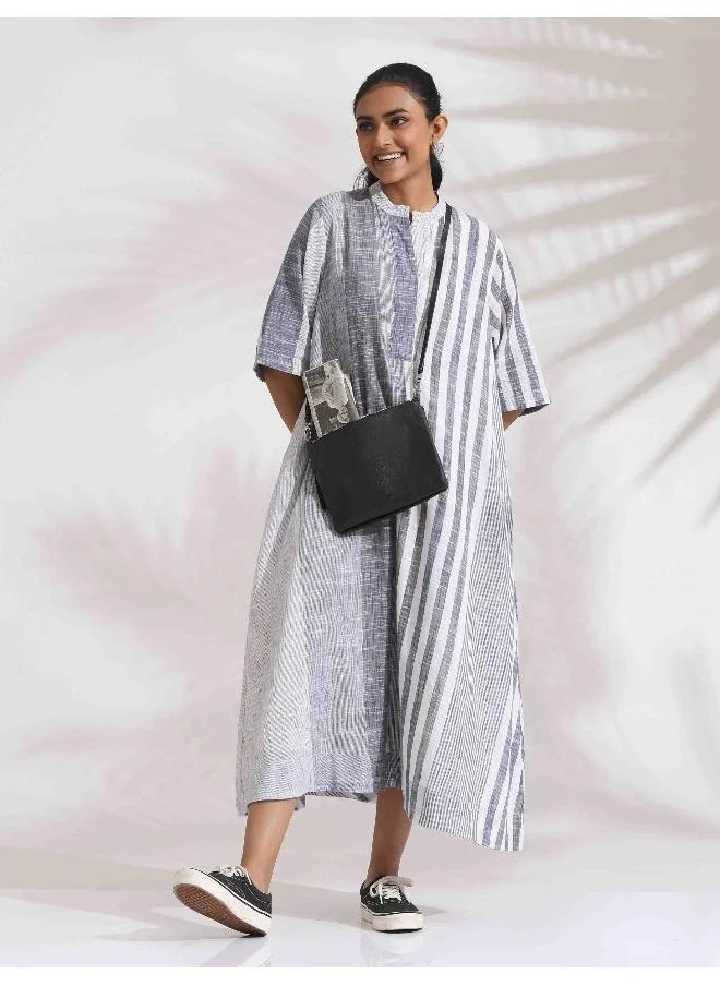 ترو برونز trueBrowns Off-White Cotton Multi Stripe Flared Dress