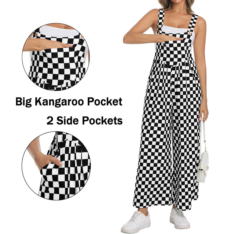 IWOLLENCE Women's Casual Loose Checkered Overalls Summer Wide Straight Leg Jumpers and Rompers Y2K Plaid Sleeveless Jumpsuits with Pockets Beach Vacation Outfits Black White, M - Image 3