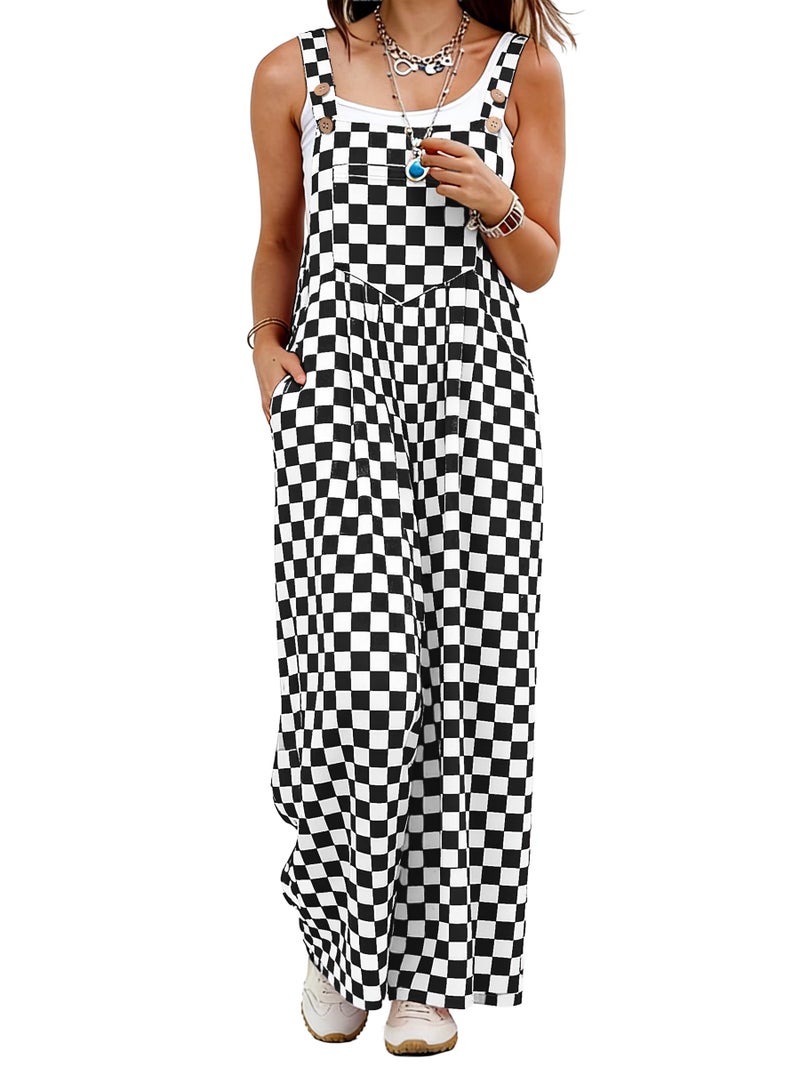 IWOLLENCE Women's Casual Loose Checkered Overalls Summer Wide Straight Leg Jumpers and Rompers Y2K Plaid Sleeveless Jumpsuits with Pockets Beach Vacation Outfits Black White, M - Image 1