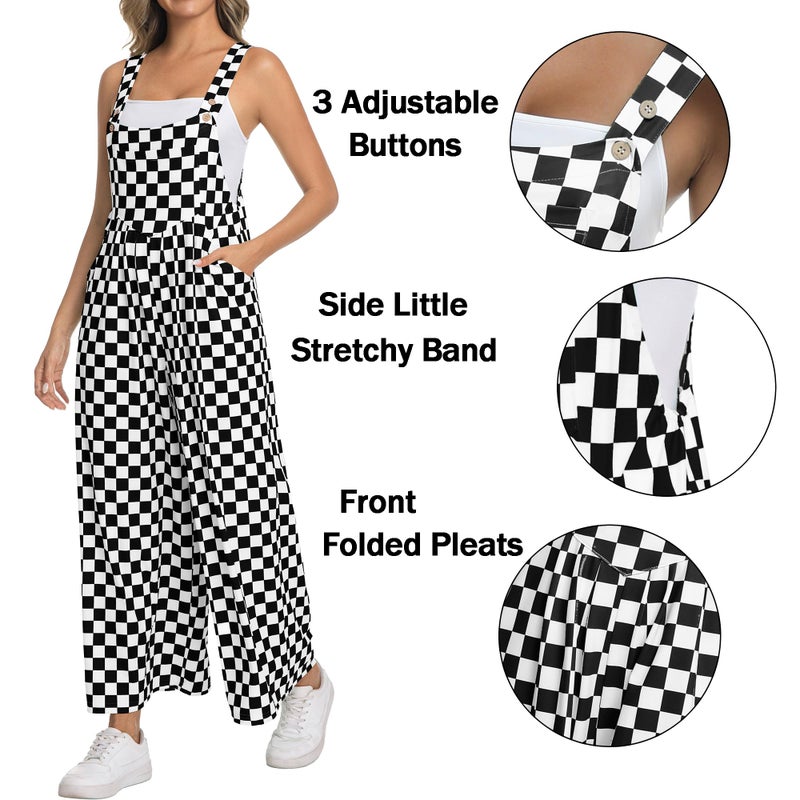IWOLLENCE Women's Casual Loose Checkered Overalls Summer Wide Straight Leg Jumpers and Rompers Y2K Plaid Sleeveless Jumpsuits with Pockets Beach Vacation Outfits Black White, M - Image 2