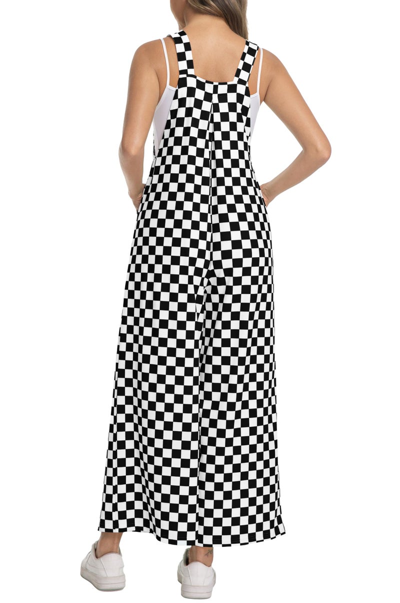IWOLLENCE Women's Casual Loose Checkered Overalls Summer Wide Straight Leg Jumpers and Rompers Y2K Plaid Sleeveless Jumpsuits with Pockets Beach Vacation Outfits Black White, M - Image 4