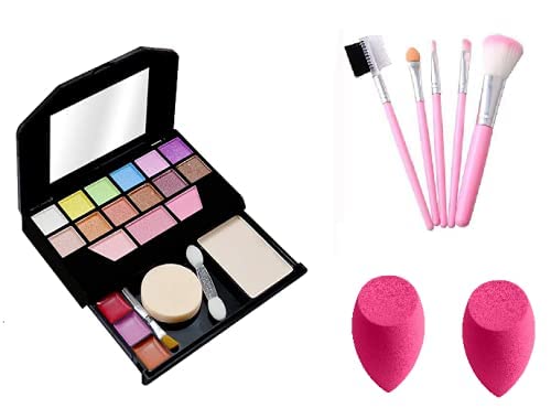 Womens Girls TYA 5024 Multicolor Makeup Kit and 5 Pink LightWeight Makeup Brushes Set with 2 Makeup Sponge Beauty Blenders Pack of 8 - Image 1