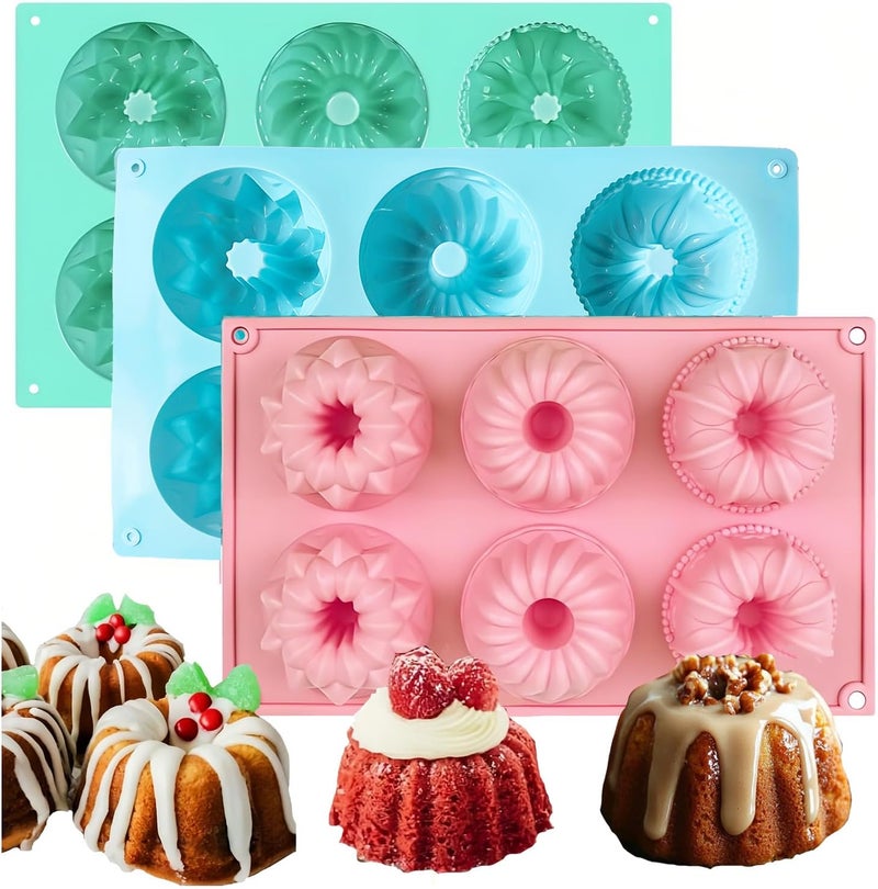 Annewbin 3pcs Mini Bundt Cake Pan,6-Cavity Fluted Tube Cake Pan,Silicone Cupcake Molds for Baking, Nonstick Cupcakes Mold for chocolate/Brownie/Jello - Image 1