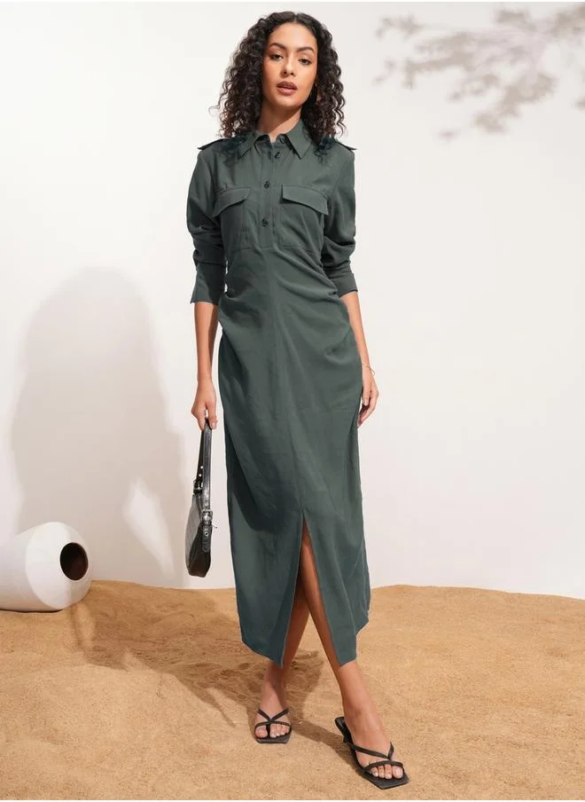 Tokyo Talkies Solid Collared Shirt Midi Dress with Front Slit Detail