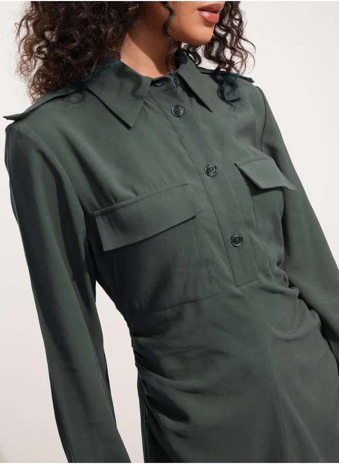 طوكيو توكيز Solid Collared Shirt Midi Dress with Front Slit Detail by Styli