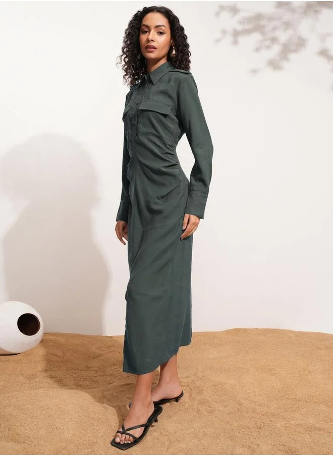 طوكيو توكيز Solid Collared Shirt Midi Dress with Front Slit Detail by Styli