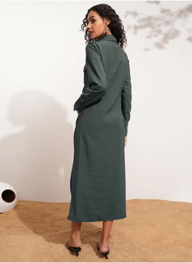 Tokyo Talkies Solid Collared Shirt Midi Dress with Front Slit Detail