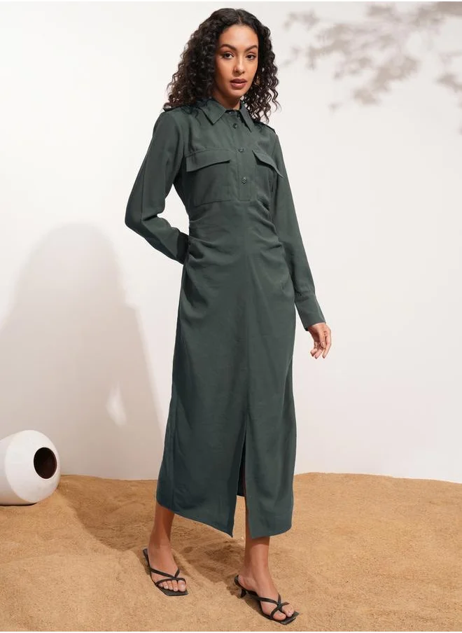 طوكيو توكيز Solid Collared Shirt Midi Dress with Front Slit Detail by Styli