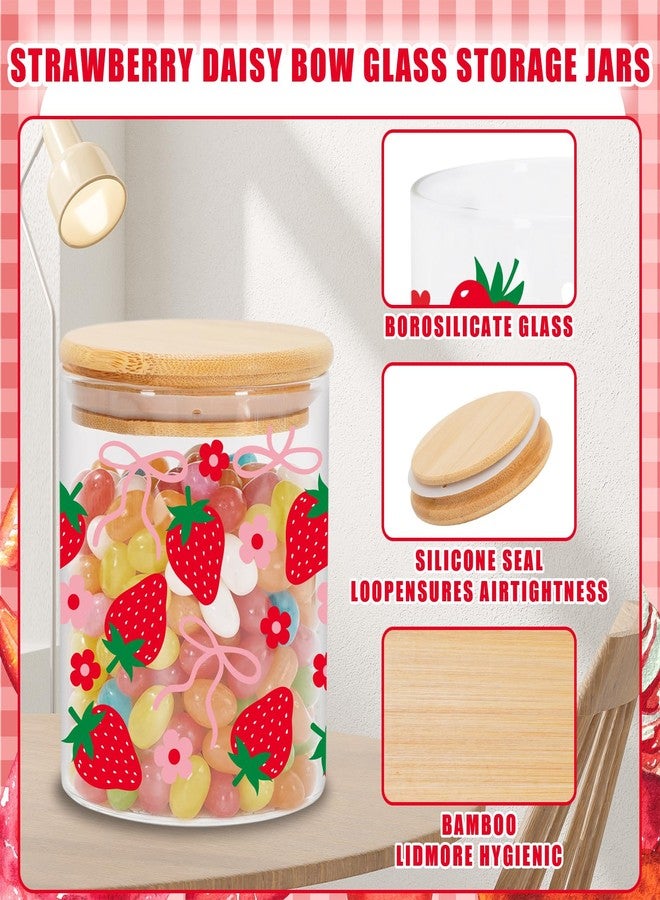 JarThenaAMCS 3Pcs Strawberry Bow Glass Storage Jars with Airtight Lid Summer Floral Daisy Pink Bow Red Heart Decorative Candy Cookie Canisters Sets for Home Kitchen Countertop - Image 3