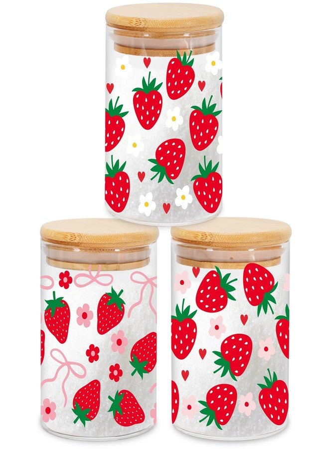 JarThenaAMCS 3Pcs Strawberry Bow Glass Storage Jars with Airtight Lid Summer Floral Daisy Pink Bow Red Heart Decorative Candy Cookie Canisters Sets for Home Kitchen Countertop - Image 1