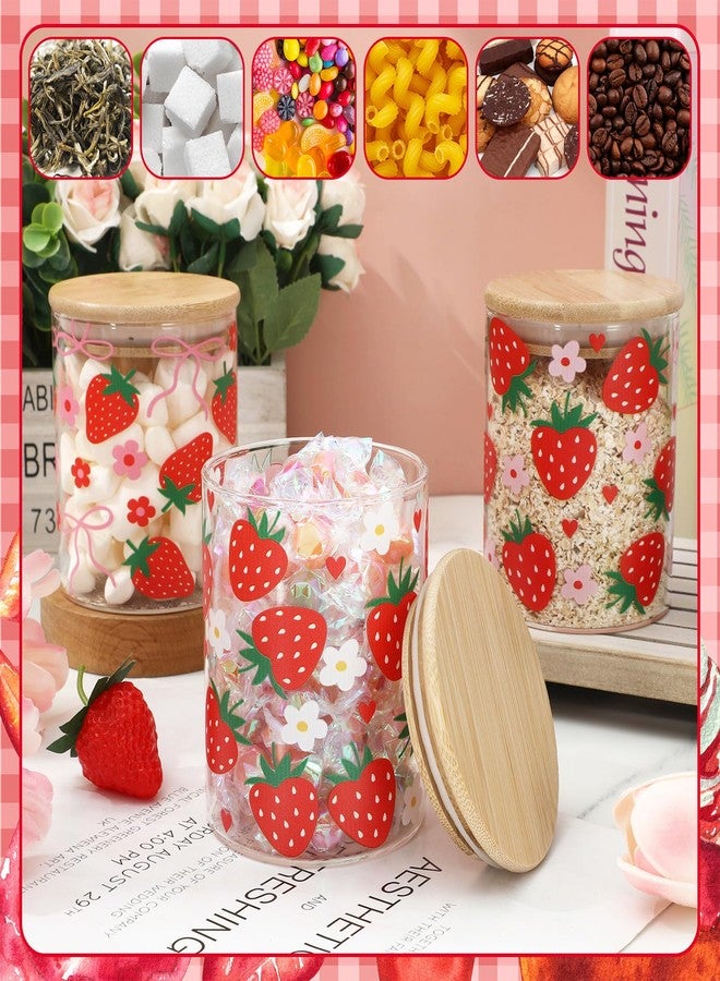 JarThenaAMCS 3Pcs Strawberry Bow Glass Storage Jars with Airtight Lid Summer Floral Daisy Pink Bow Red Heart Decorative Candy Cookie Canisters Sets for Home Kitchen Countertop - Image 5