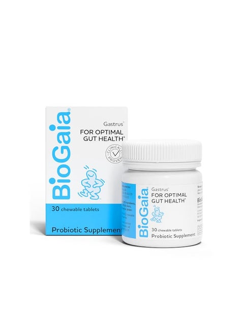 BioGaia Gastrus Chewable Tablets, Adult Probiotic Supplement for Stomach Discomfort, Constipation, Gas, Bloating, Regularity, Non-GMO, 30 Tablets, 1 Pack