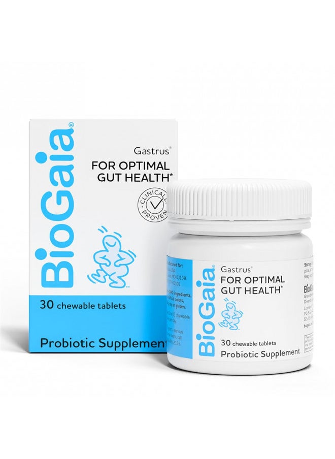 BioGaia Gastrus Chewable Tablets, Adult Probiotic Supplement for Stomach Discomfort, Constipation, Gas, Bloating, Regularity, Non-GMO, 30 Tablets, 1 Pack