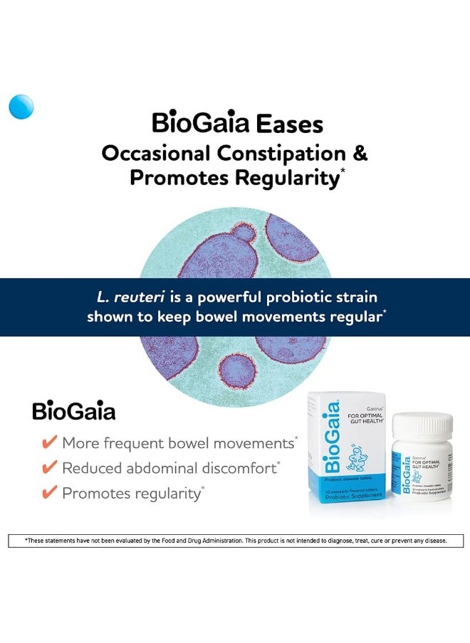 BioGaia Gastrus Chewable Tablets, Adult Probiotic Supplement for Stomach Discomfort, Constipation, Gas, Bloating, Regularity, Non-GMO, 30 Tablets, 1 Pack