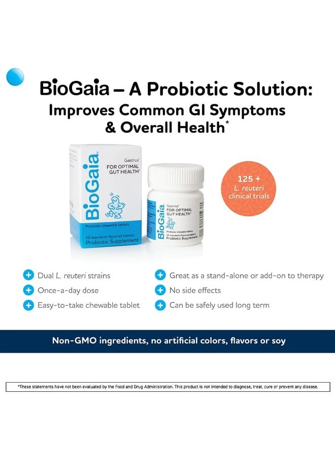 BioGaia Gastrus Chewable Tablets, Adult Probiotic Supplement for Stomach Discomfort, Constipation, Gas, Bloating, Regularity, Non-GMO, 30 Tablets, 1 Pack