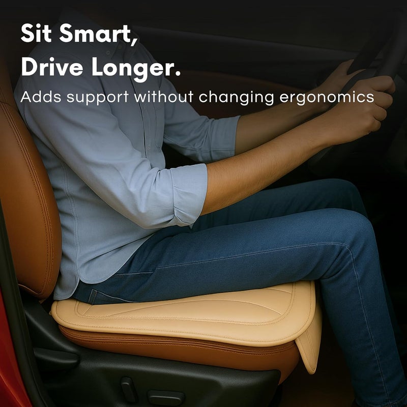 DR. FITZY Padded Leather Car Seat Cover Protector Mat With Front Storage Organiser Pocket, Breathable And Anti Slip Seat Cover For Car With Thigh Support, Smart And Slim Cushion Accessories For Driver (Beige) - Image 2