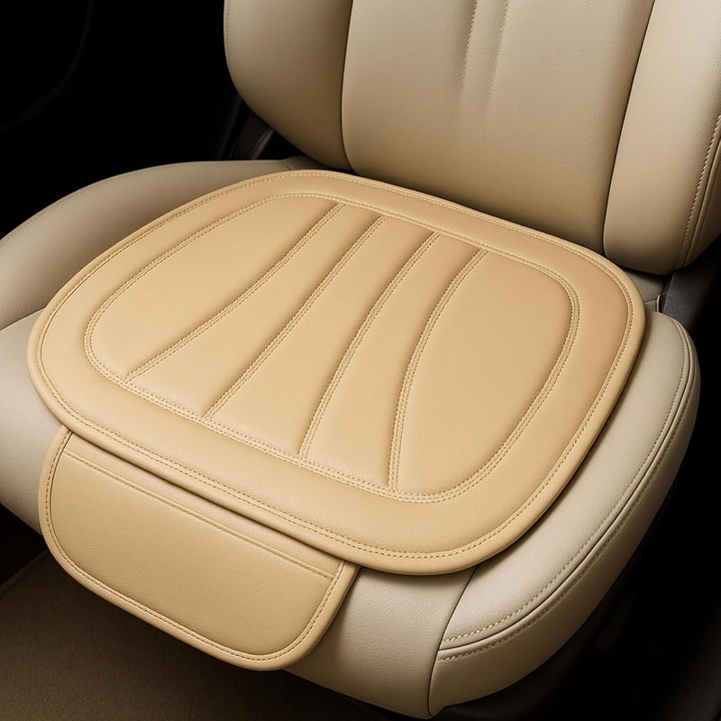 DR. FITZY Padded Leather Car Seat Cover Protector Mat With Front Storage Organiser Pocket, Breathable And Anti Slip Seat Cover For Car With Thigh Support, Smart And Slim Cushion Accessories For Driver (Beige) - Image 1
