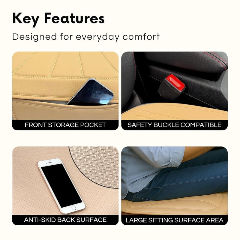 DR. FITZY Padded Leather Car Seat Cover Protector Mat With Front Storage Organiser Pocket, Breathable And Anti Slip Seat Cover For Car With Thigh Support, Smart And Slim Cushion Accessories For Driver (Beige) - Image 3