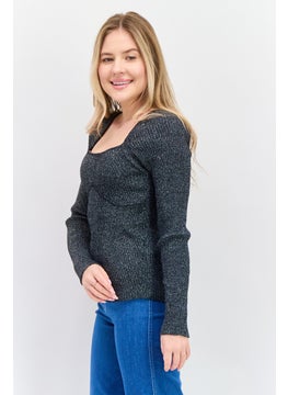 INC Women Square Neck Long Sleeve Metallic Sweater, Black  - Image 2