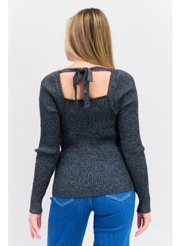 INC Women Square Neck Long Sleeve Metallic Sweater, Black  - Image 3