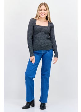INC Women Square Neck Long Sleeve Metallic Sweater, Black  - Image 4