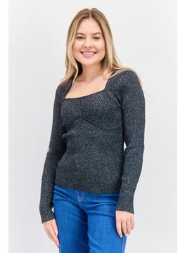 INC Women Square Neck Long Sleeve Metallic Sweater, Black  - Image 1