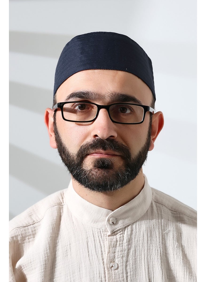ihvanonline - Navy Blue Mesh Fabric Pattern Prayer Cap - Image 1