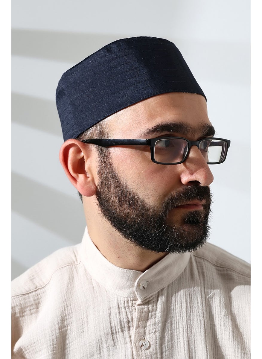 ihvanonline - Navy Blue Mesh Fabric Pattern Prayer Cap - Image 1
