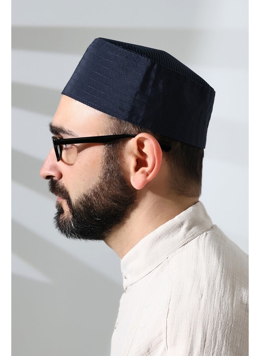 ihvanonline - Navy Blue Mesh Fabric Pattern Prayer Cap - Image 1
