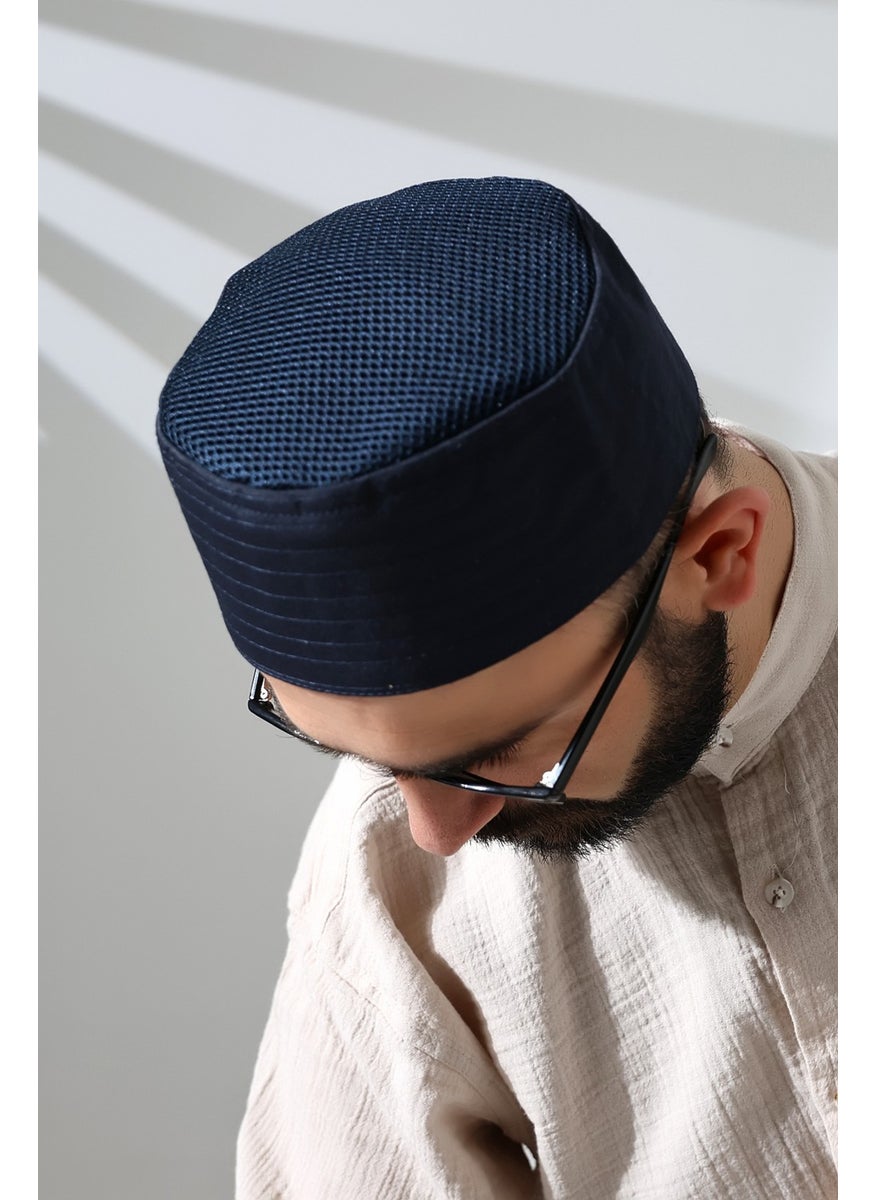 ihvanonline - Navy Blue Mesh Fabric Pattern Prayer Cap - Image 1