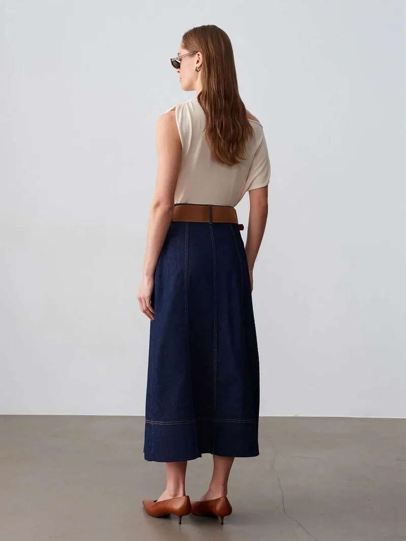 ديلفين DILVIN High-Waist A-Line Denim Maxi Skirt With Belt