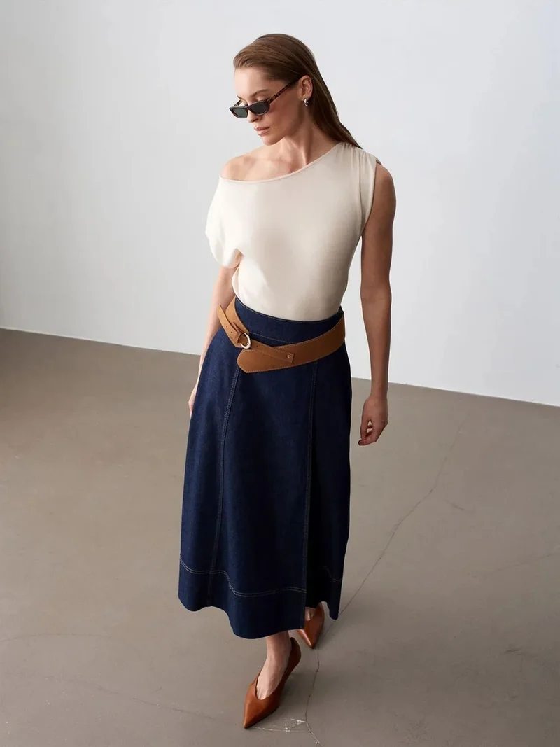 ديلفين DILVIN High-Waist A-Line Denim Maxi Skirt With Belt