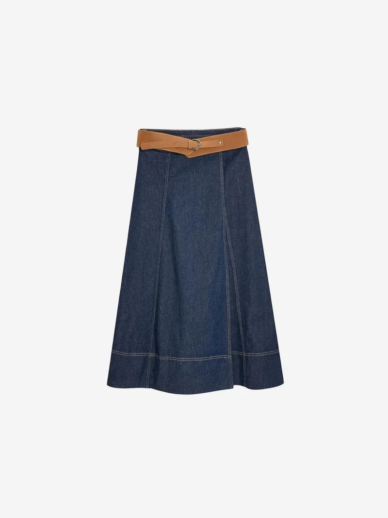Dilvin DILVIN High-Waist A-Line Denim Maxi Skirt With Belt