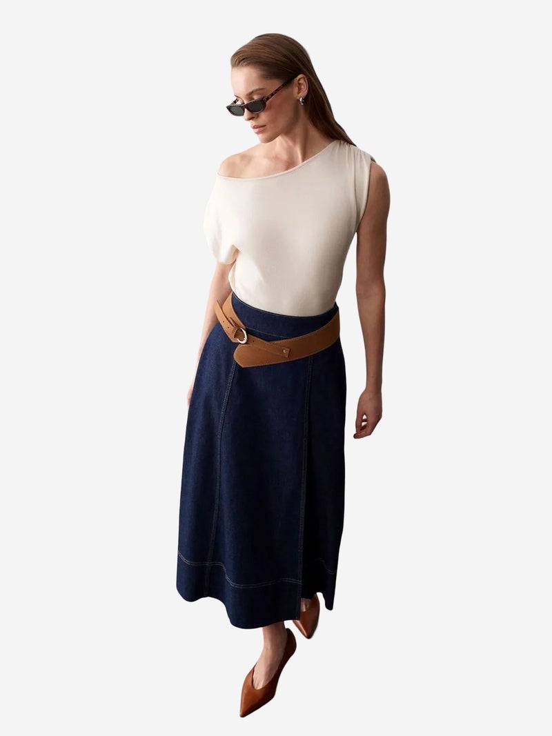 DILVIN High-Waist A-Line Denim Maxi Skirt With Belt - Image 4