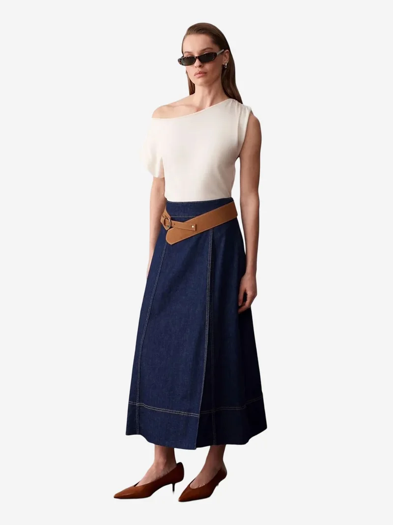 Dilvin DILVIN High-Waist A-Line Denim Maxi Skirt With Belt