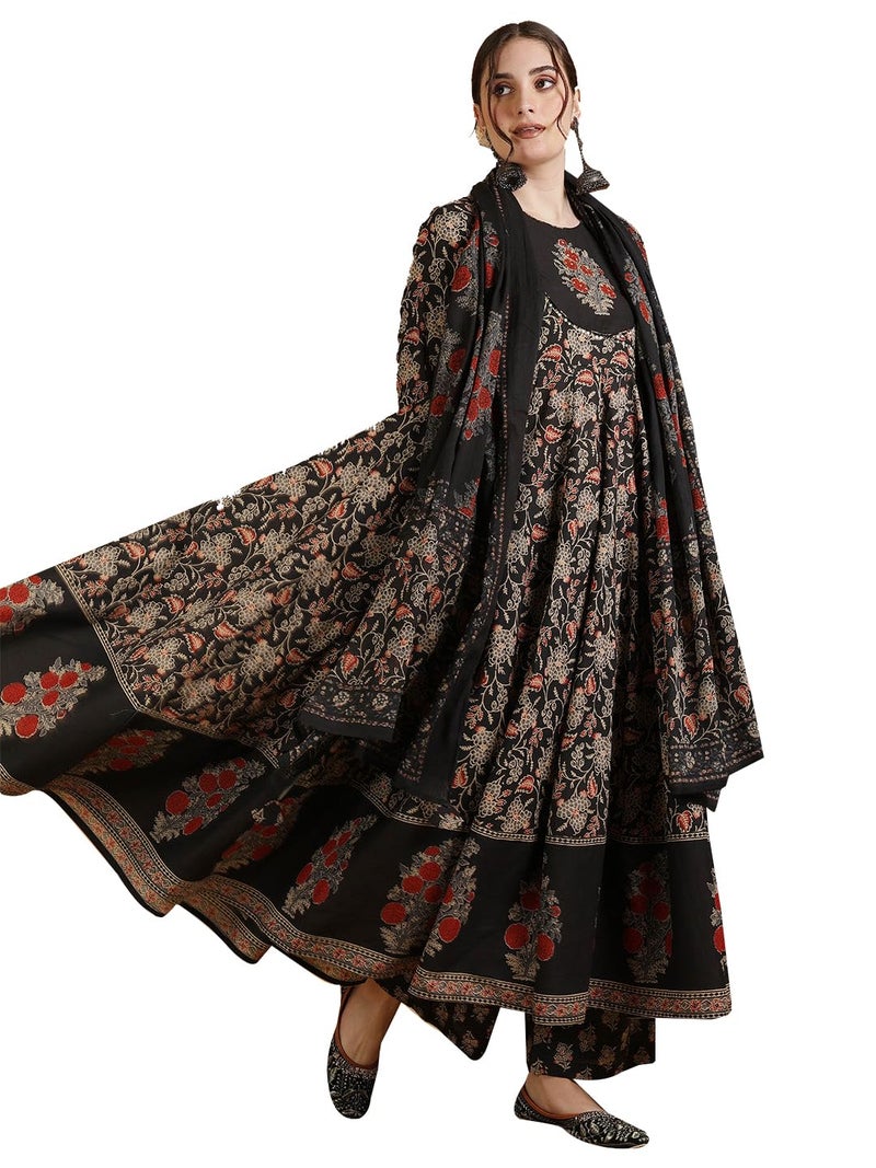Kimayra Women's Cotton Flared Printed Embroidered A-Line RoundNeck Kurta Suit Set (KIM8008PC3Black_XXL, Black) - Image 3