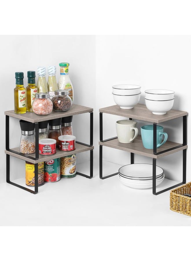 NEX Kitchen Cabinet and Counter Shelf Organizer, Shelf Riser for Pantry Countertop Cupboard Desk Top, Stackable & Expandable, Set of 4, Black and Greige - Image 3