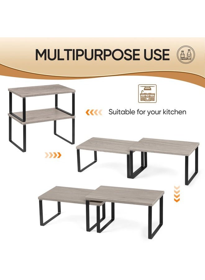 NEX Kitchen Cabinet and Counter Shelf Organizer, Shelf Riser for Pantry Countertop Cupboard Desk Top, Stackable & Expandable, Set of 4, Black and Greige - Image 4