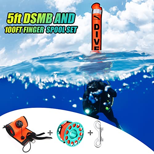 Owekfifv Scuba Surface Marker Buoy (SMB) Set, 5ft High Visibility Reflective Band Open Bottom Safety Sausage with 100ft Alloy Finger Spool Dive Reel and Double-ended Snap Hook Fits Underwater Activities Orange - Image 2