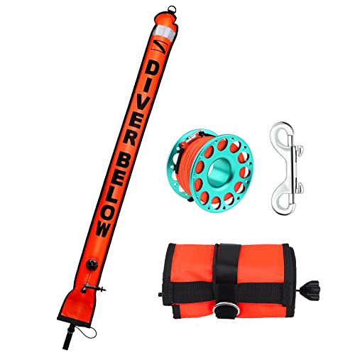 Owekfifv Scuba Surface Marker Buoy (SMB) Set, 5ft High Visibility Reflective Band Open Bottom Safety Sausage with 100ft Alloy Finger Spool Dive Reel and Double-ended Snap Hook Fits Underwater Activities Orange - Image 1