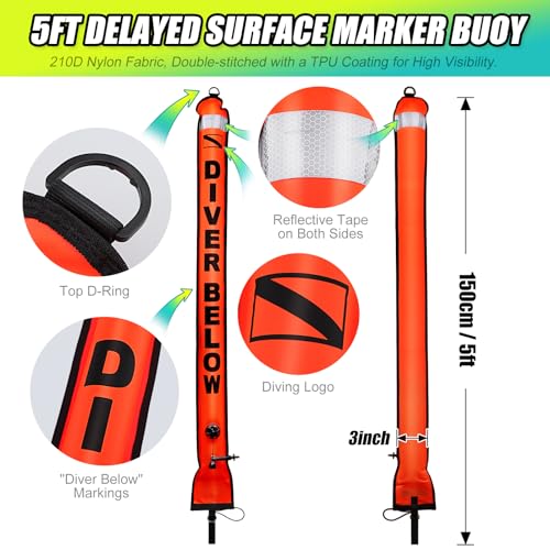 Owekfifv Scuba Surface Marker Buoy (SMB) Set, 5ft High Visibility Reflective Band Open Bottom Safety Sausage with 100ft Alloy Finger Spool Dive Reel and Double-ended Snap Hook Fits Underwater Activities Orange - Image 3