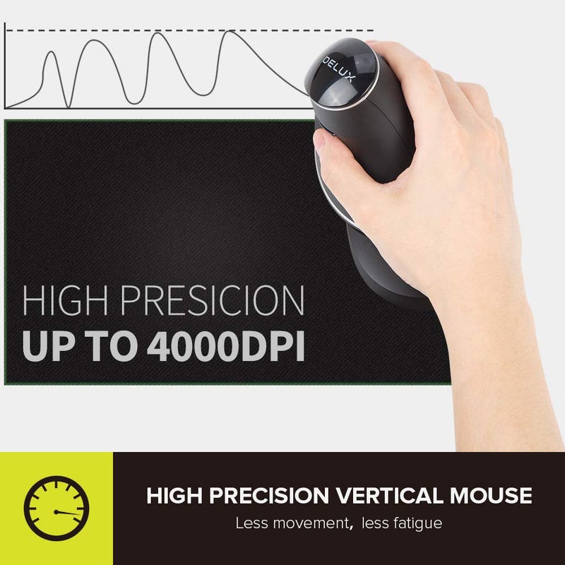 DELUX Wireless Ergonomic Vertical Mouse, Rechargeable Ergo Mouse for large Hands, Slient Click, Removable Wrist Rest, Up to 4000 DPI, 6 Buttons,2.4G Dual Mode, Compatible with Laptop/PC (M618PD-Black) - Image 4
