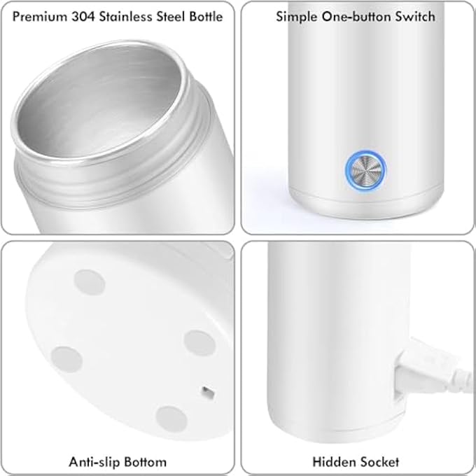 بوليفياز غلاية كهربائية محمولة سعة 400 مل، غلاية شاي للسفر مع طلاء غير لاصق، غلاية مياه مزدوجة الجدار، زجاجة معزولة، ترمس قهوة، كوب، غليان سريع وإيقاف تشغيل تلقائي، سخان ماء ساخن أبيض - Image 5