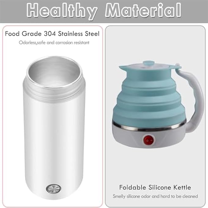 بوليفياز غلاية كهربائية محمولة سعة 400 مل، غلاية شاي للسفر مع طلاء غير لاصق، غلاية مياه مزدوجة الجدار، زجاجة معزولة، ترمس قهوة، كوب، غليان سريع وإيقاف تشغيل تلقائي، سخان ماء ساخن أبيض - Image 4