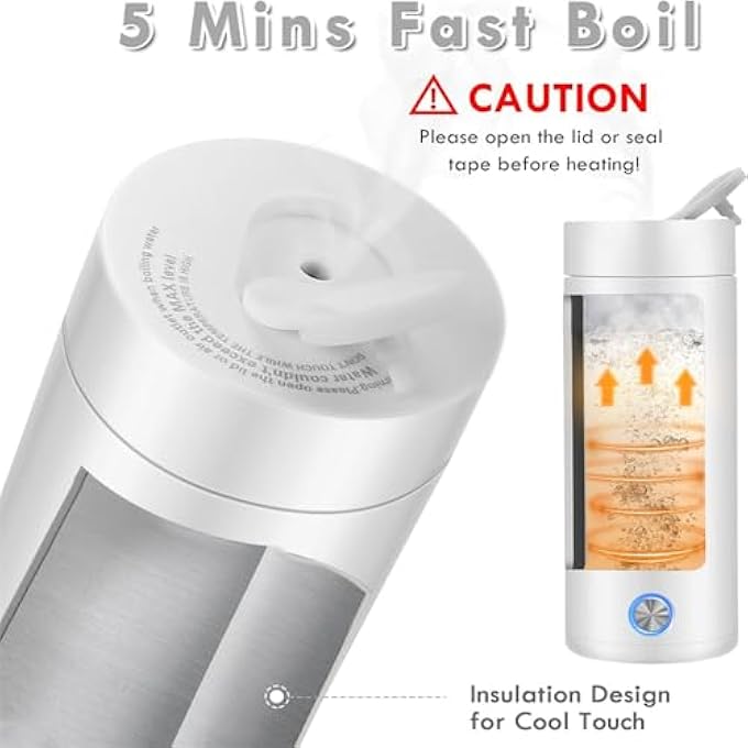 بوليفياز غلاية كهربائية محمولة سعة 400 مل، غلاية شاي للسفر مع طلاء غير لاصق، غلاية مياه مزدوجة الجدار، زجاجة معزولة، ترمس قهوة، كوب، غليان سريع وإيقاف تشغيل تلقائي، سخان ماء ساخن أبيض - Image 3