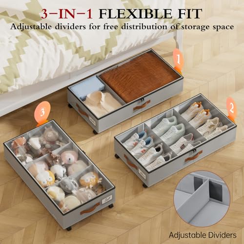 Yecaye Under Bed Storage with Wheels 2 Pack Under Bed Storage Containers with Adjustable Dividers Clear Window Rolling Underbed Organizer Bins Drawers for Clothes Shoes Blankets Grey - Image 3
